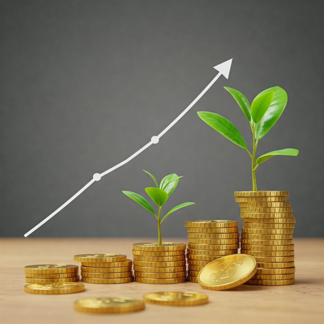 Plant growing from coins, graph trending up