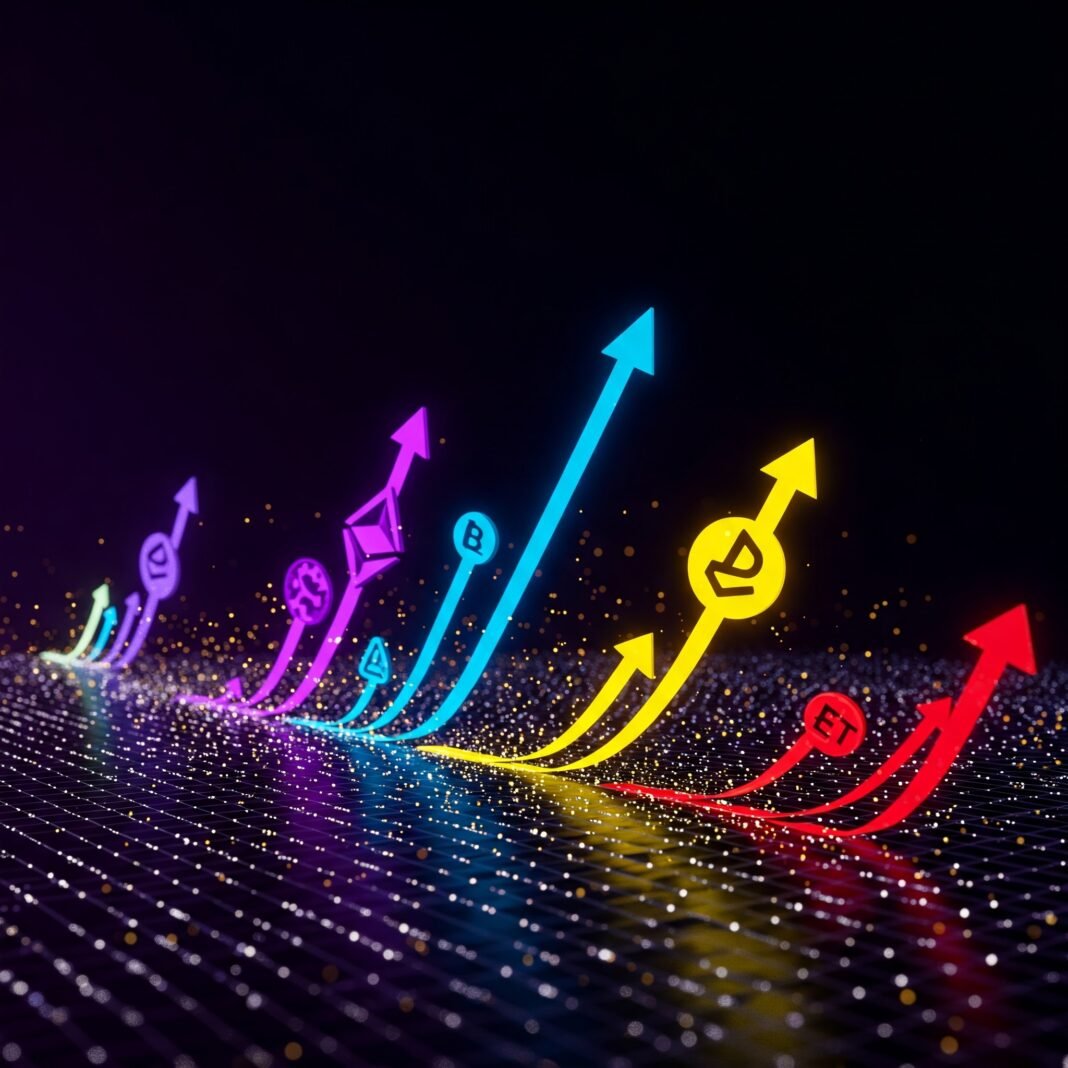 stylized cryptocurrency symbols surging