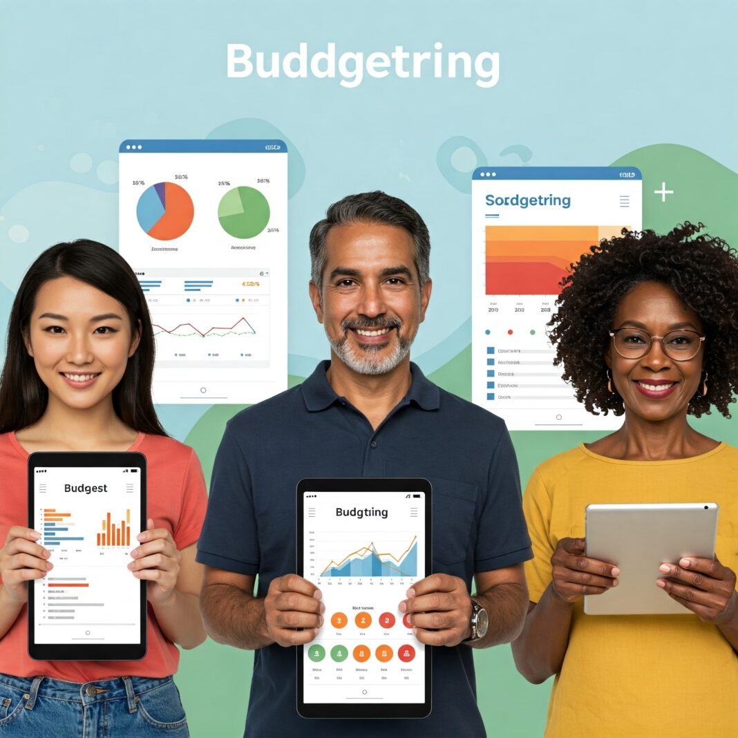Diverse people using budgeting app