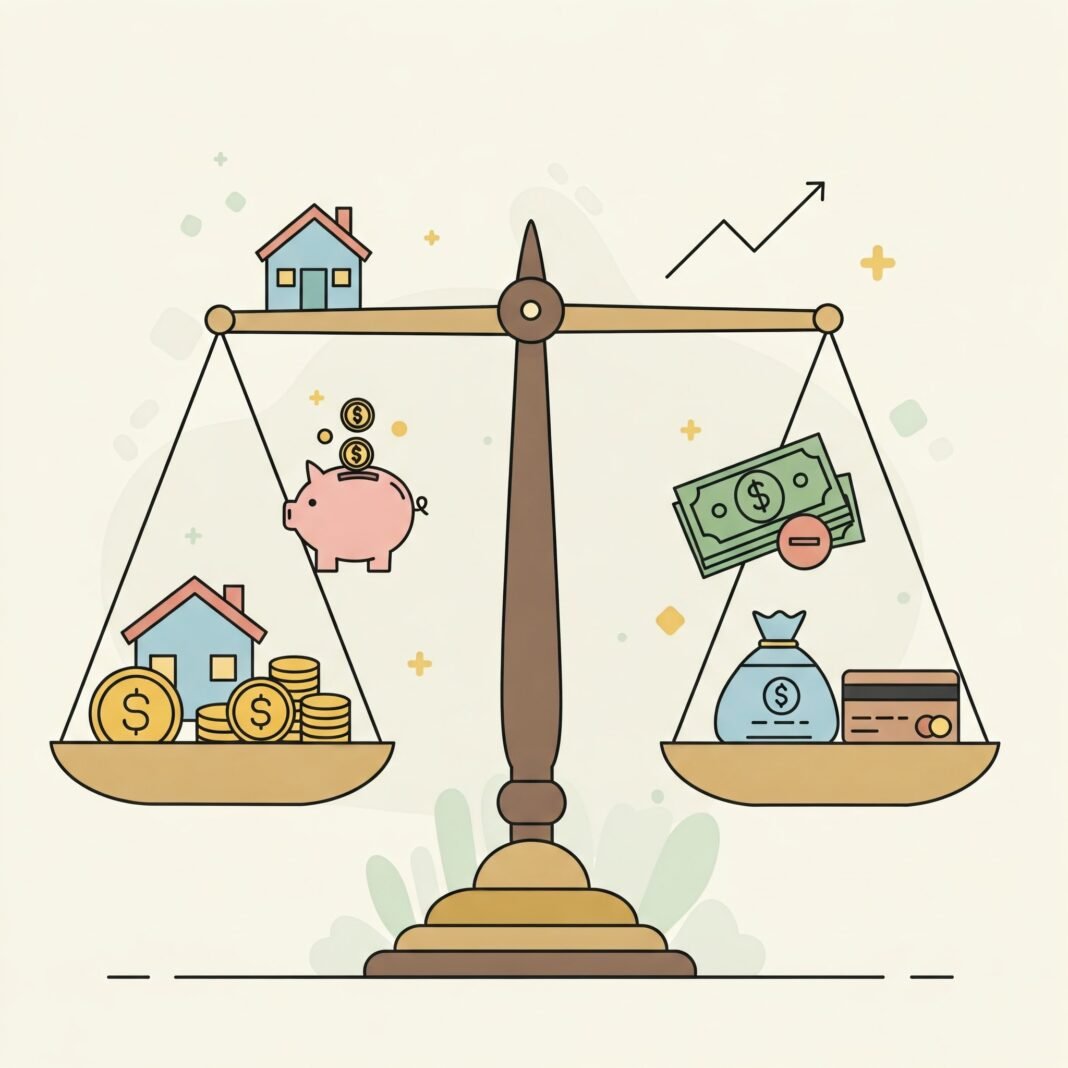 Financial balance scale with assets and liabilities icons