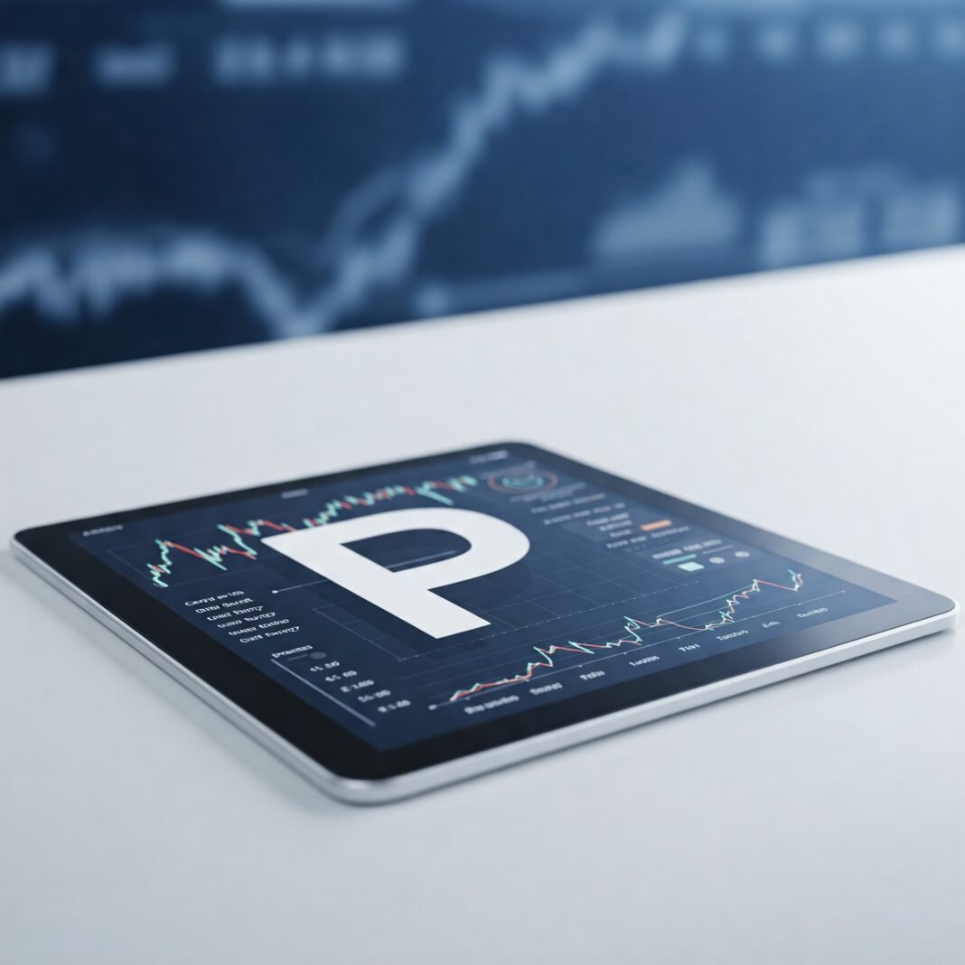 Tablet displaying a stock trading interface with a shield icon