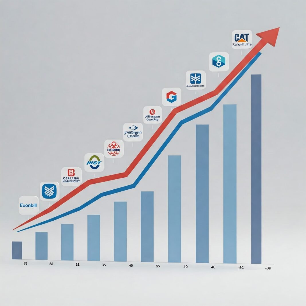 Upward-trending line chart overlaid with icons of S&P 500 companies