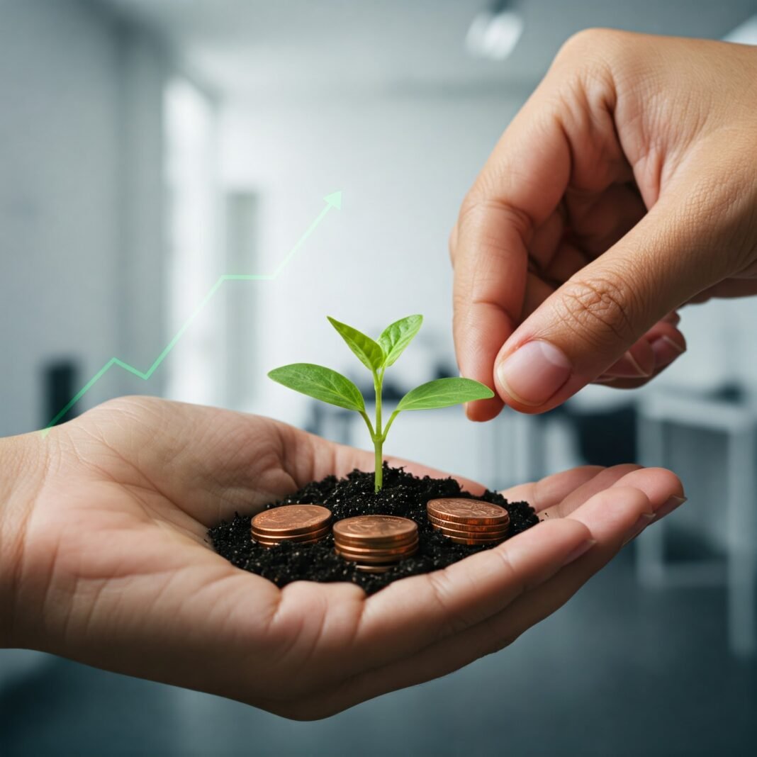Hand holding sprout from coins
