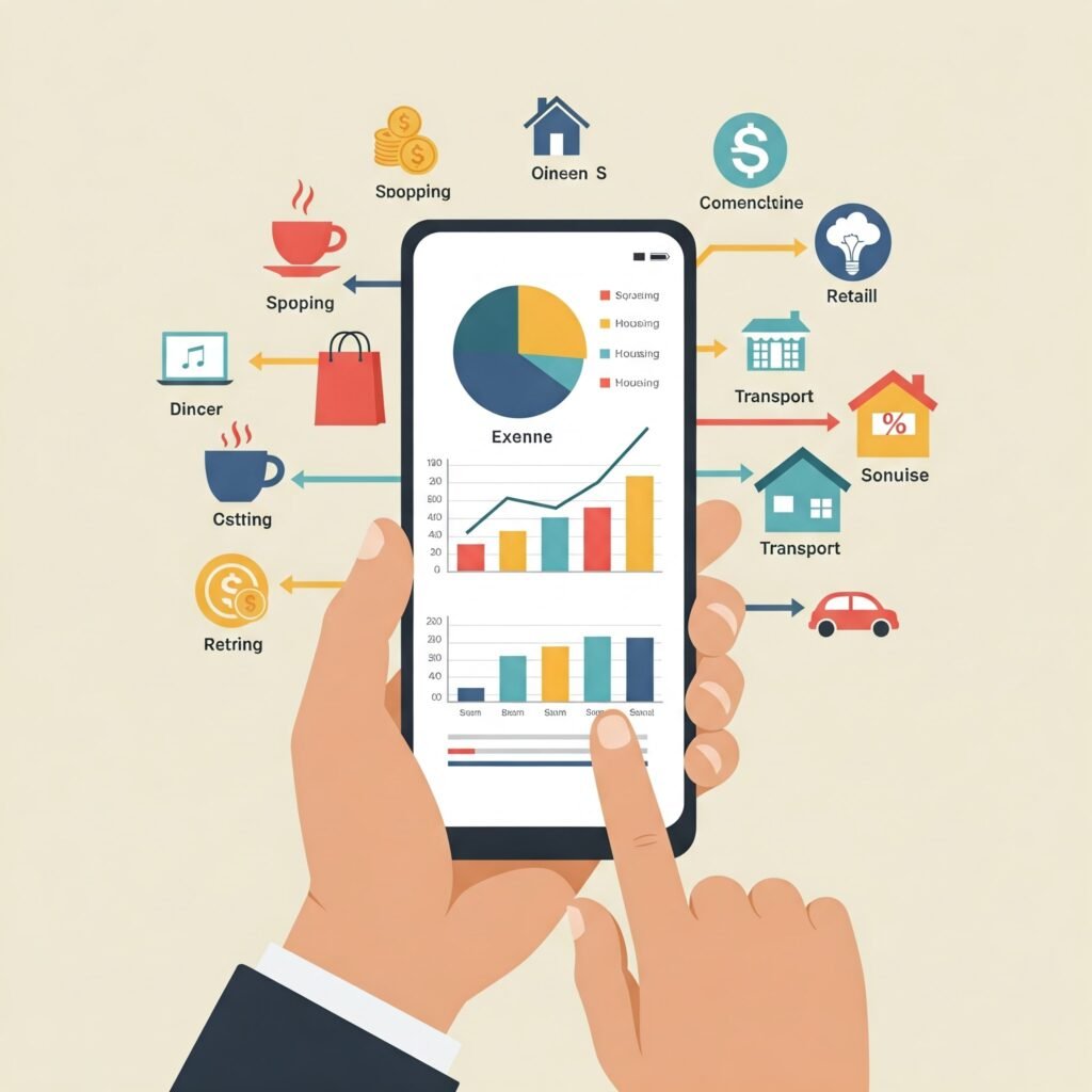 Various spending category icons converging on a smartphone displaying an expense chart