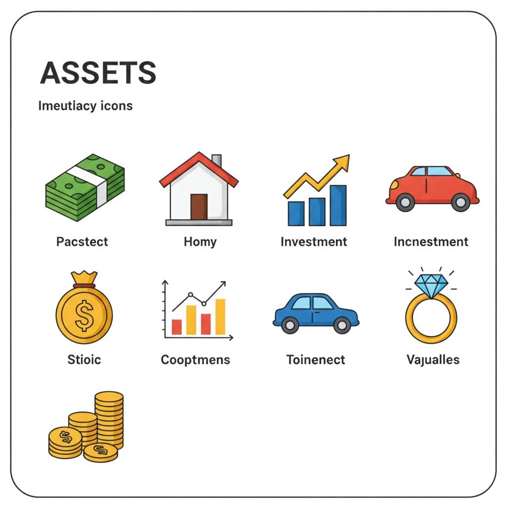 Icons representing cash, a house, a car, investments