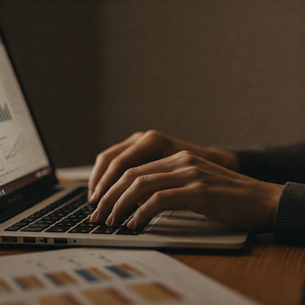 Hands typing on laptop with data