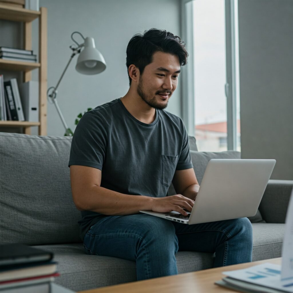 Person interacting with tech while planning for extra income from side hustles