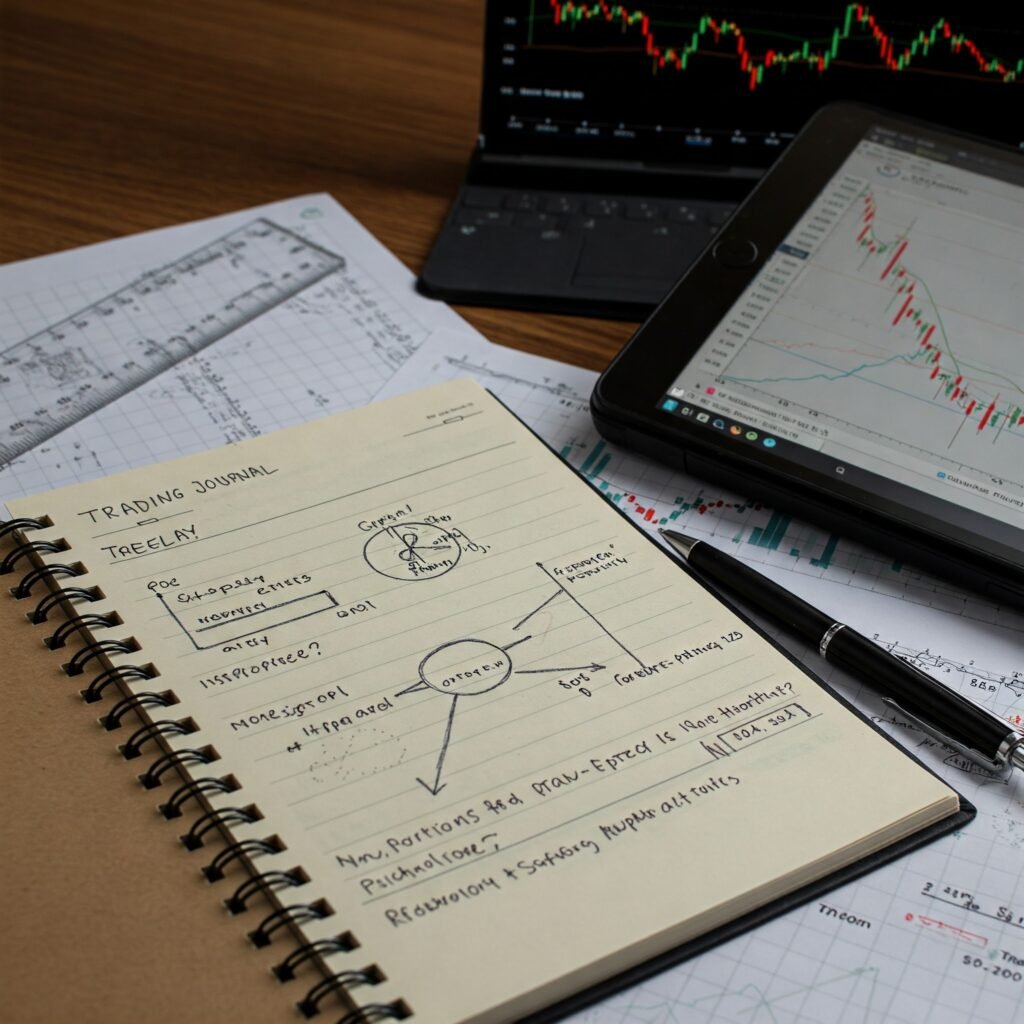 Desk with trading journal, pen, and chart, symbolizing a trading plan