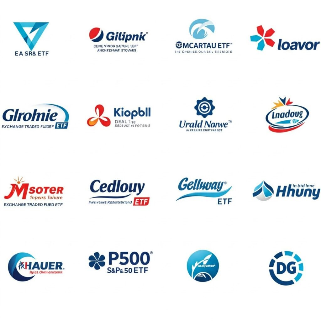 Logos of popular S&P 500 ETFs like VOO, IVV, and SPY
