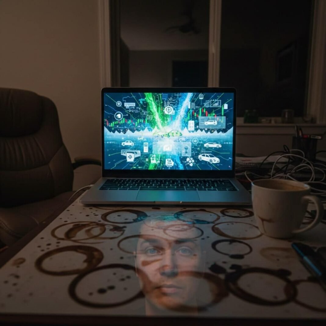 Night office view: Exploding stock charts on a laptop.
