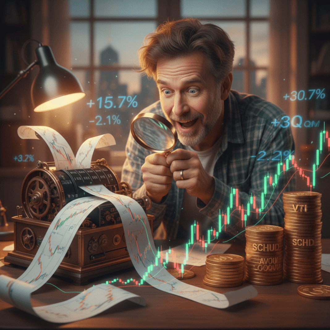 Man examining ticker tape and gold coins with magnifying glass.