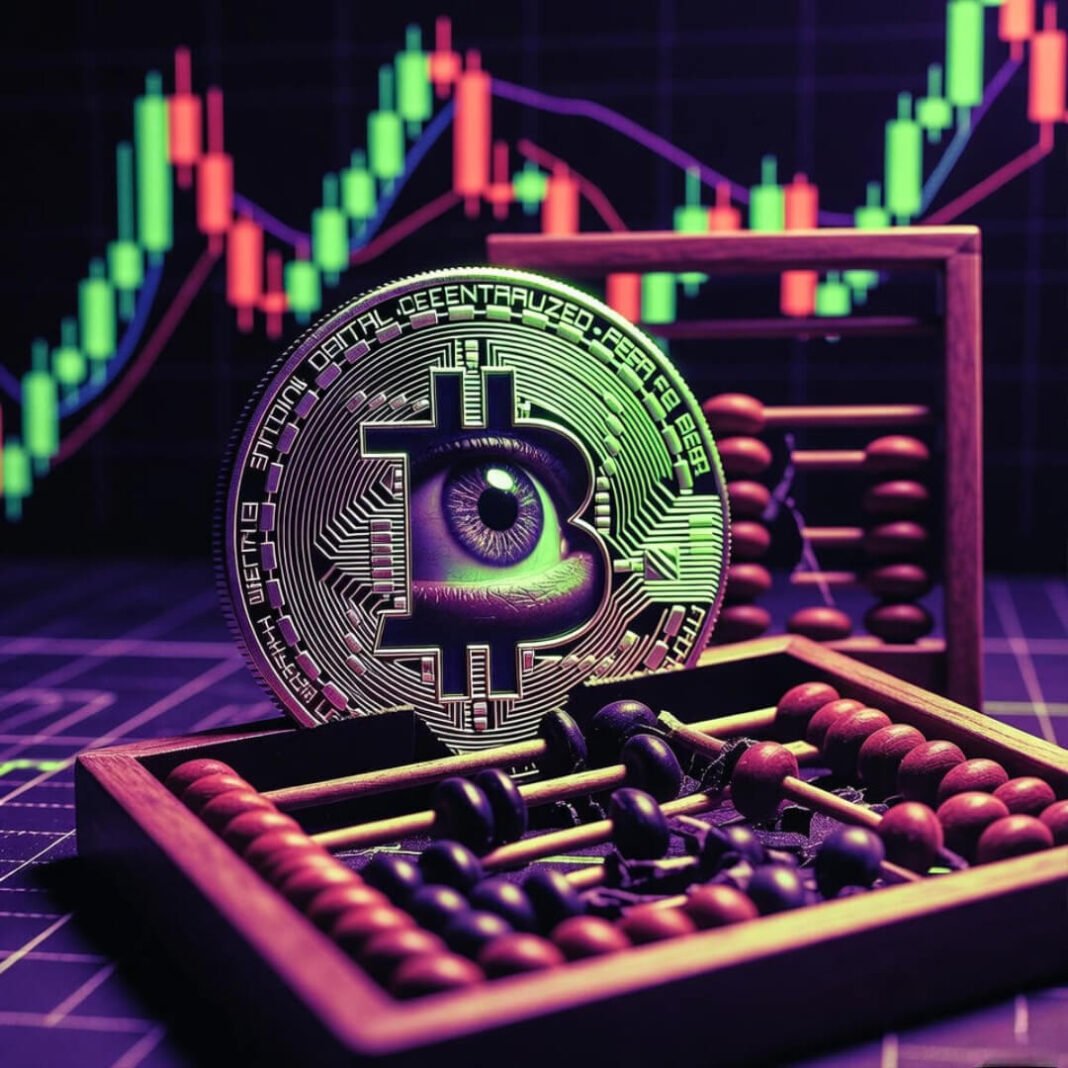 Watchful Bitcoin eye over broken abacus and charts.