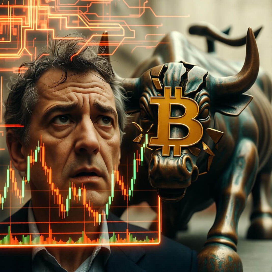 Bitcoin symbol cracking Wall Street bull, anxious investor watching charts.