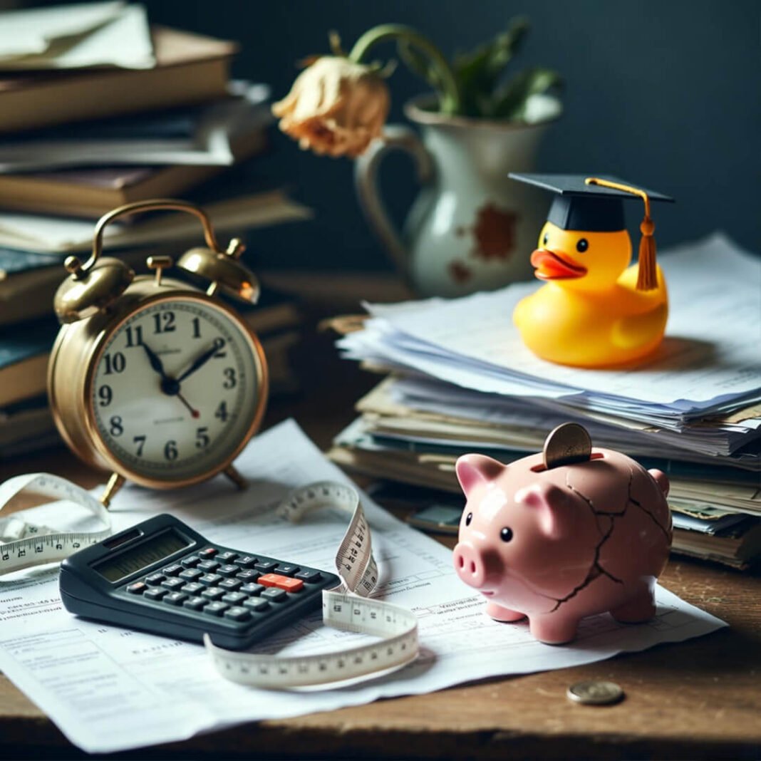 Cluttered desk with cracked piggy bank and grad duck.