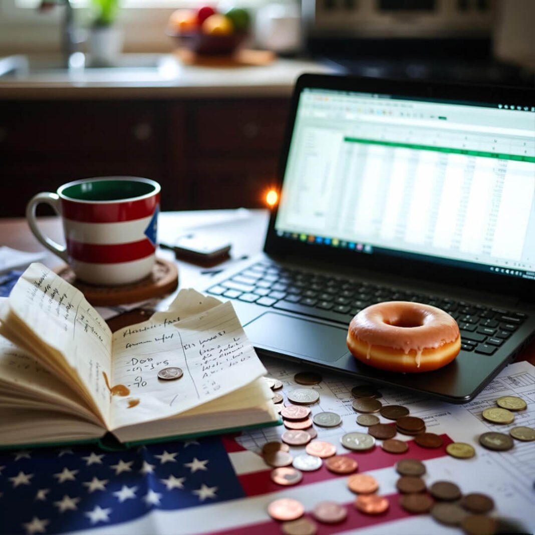 Messy kitchen table net worth calculation setup.
