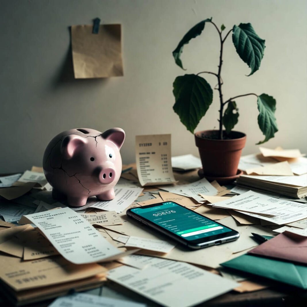 Cracked piggy bank on cluttered desk with budgeting app.