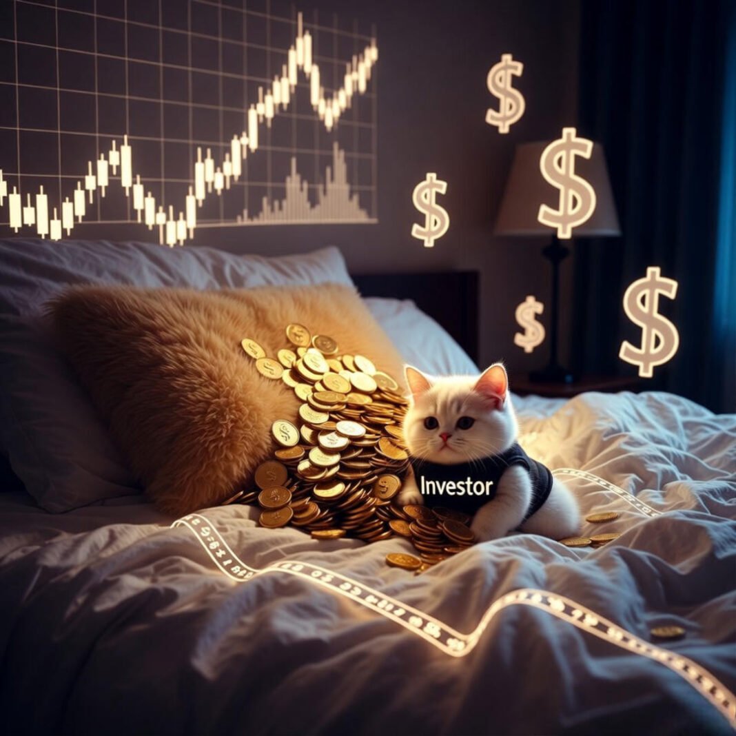 White cat in investor vest dozing on coins under stock chart.