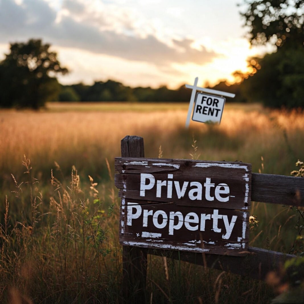 Weathered private property sign with fallen for rent overlay in golden field.