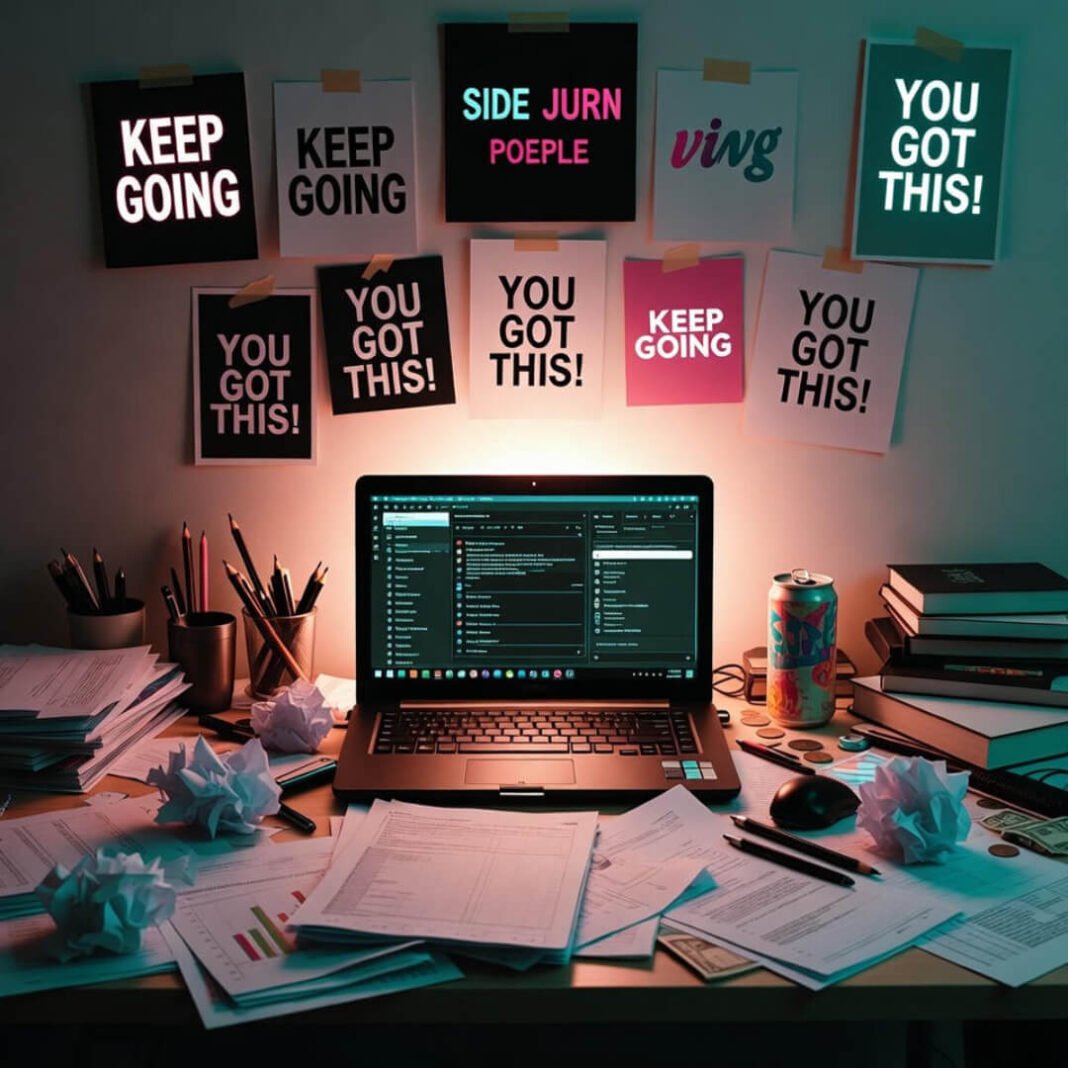 Late-night cluttered desk hustling multiple incomes