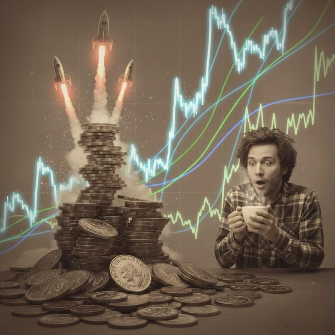 Investor stares at money rockets and rising stock charts.