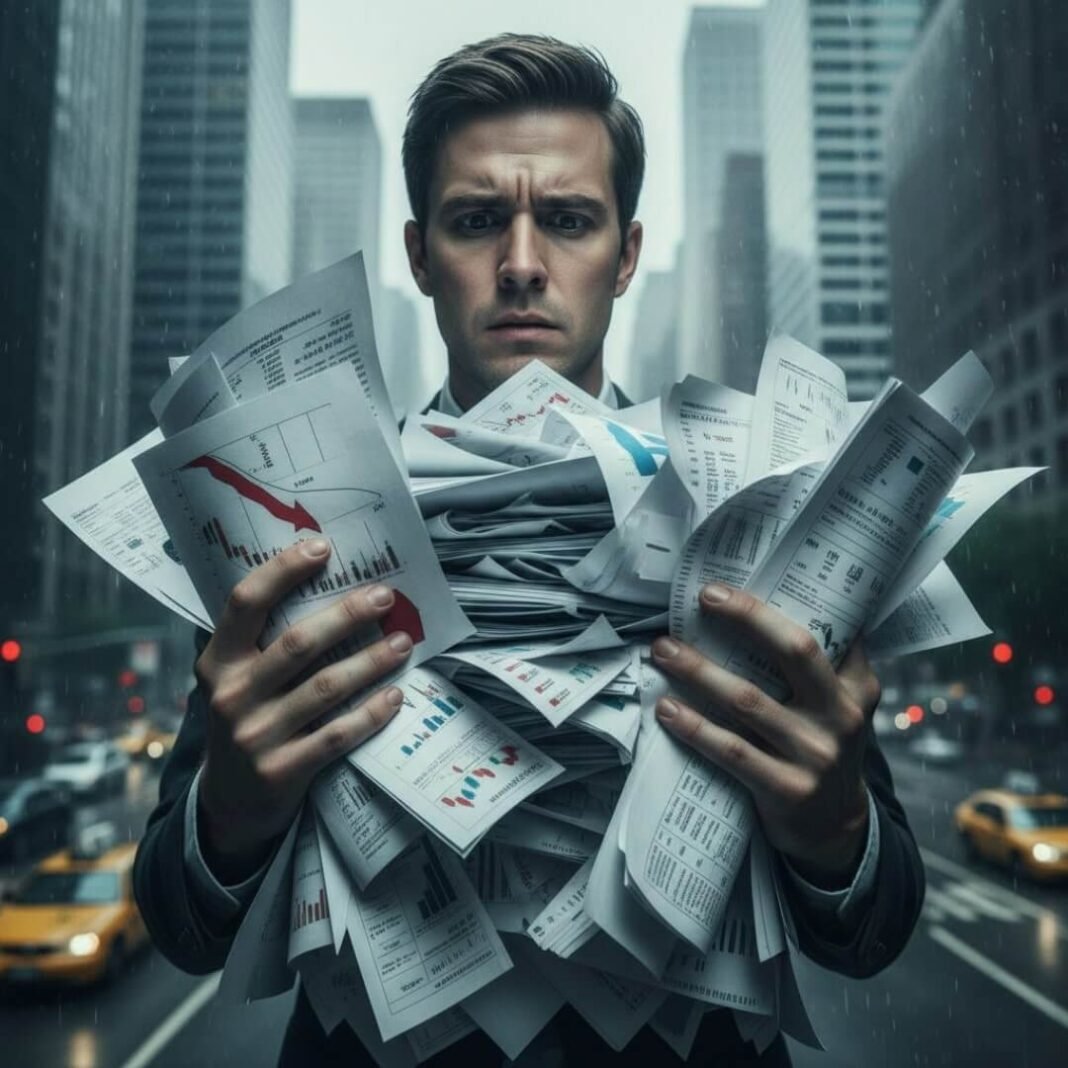 Worried man overwhelmed by financial reports in city rain.