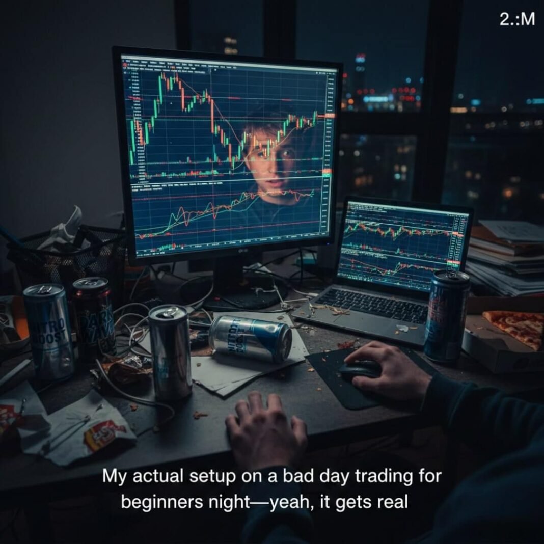 Chaotic night trading desk with screen reflection.