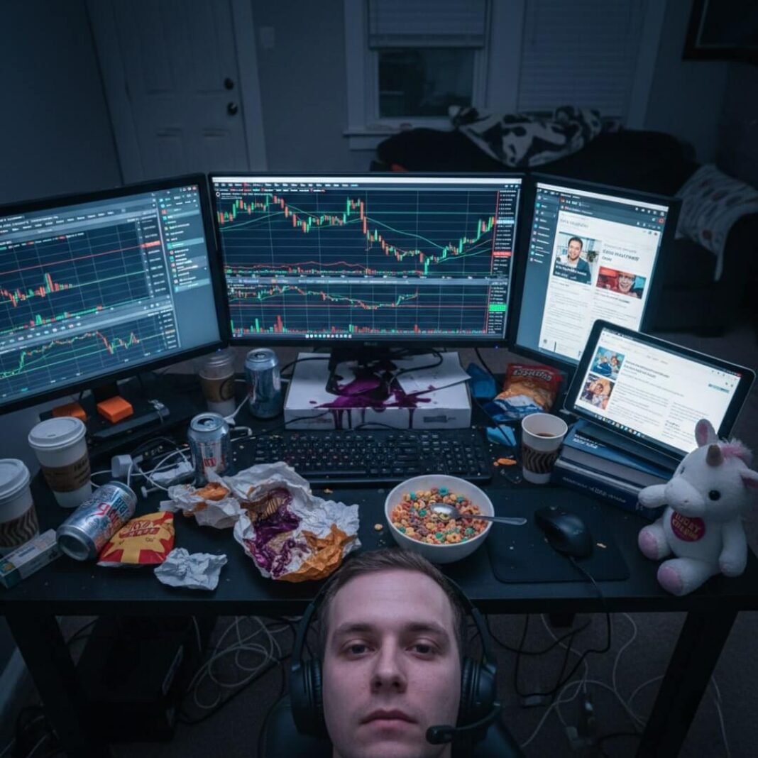Cluttered night trading desk, tired trader's view.