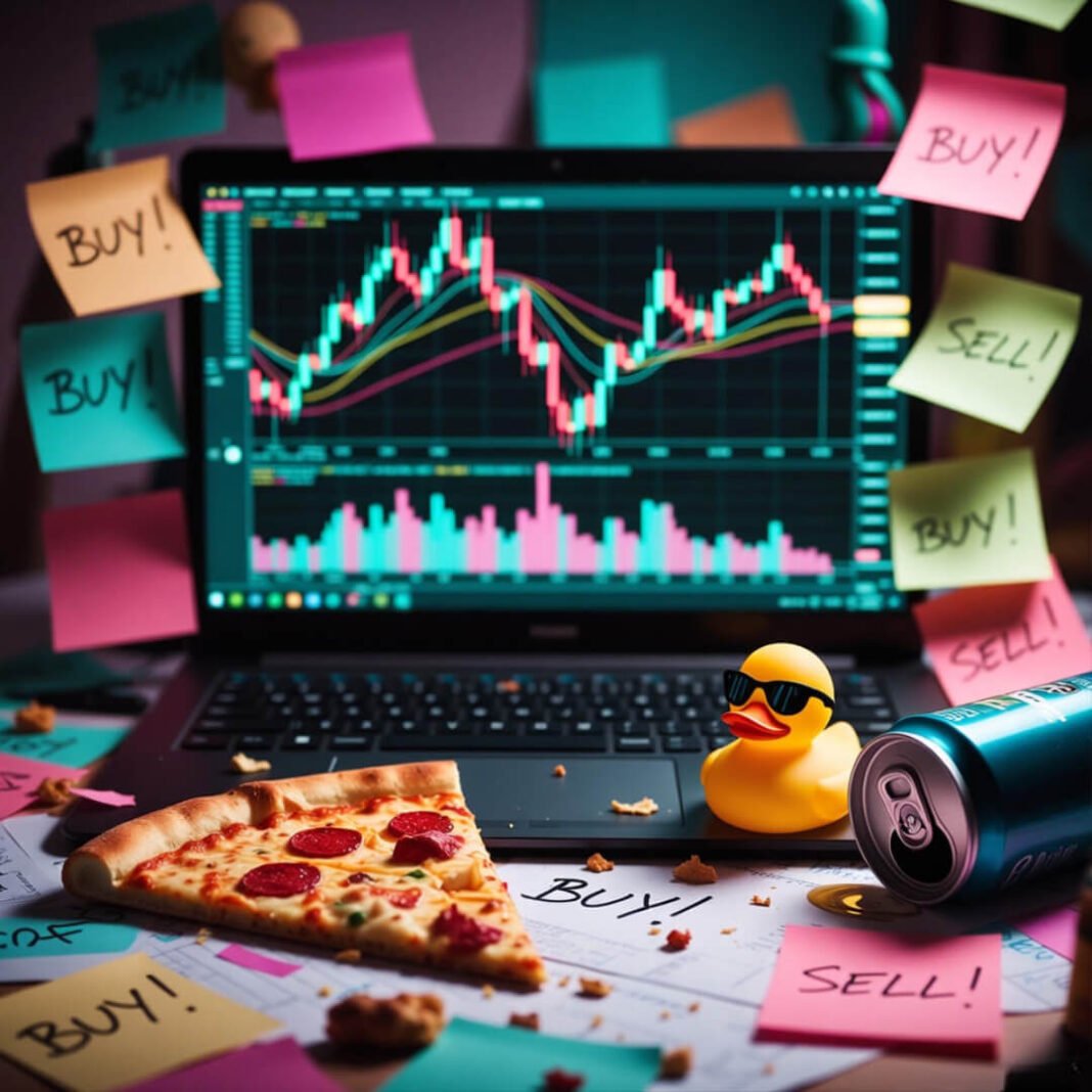Chaotic trading desk with rubber duck and pizza.