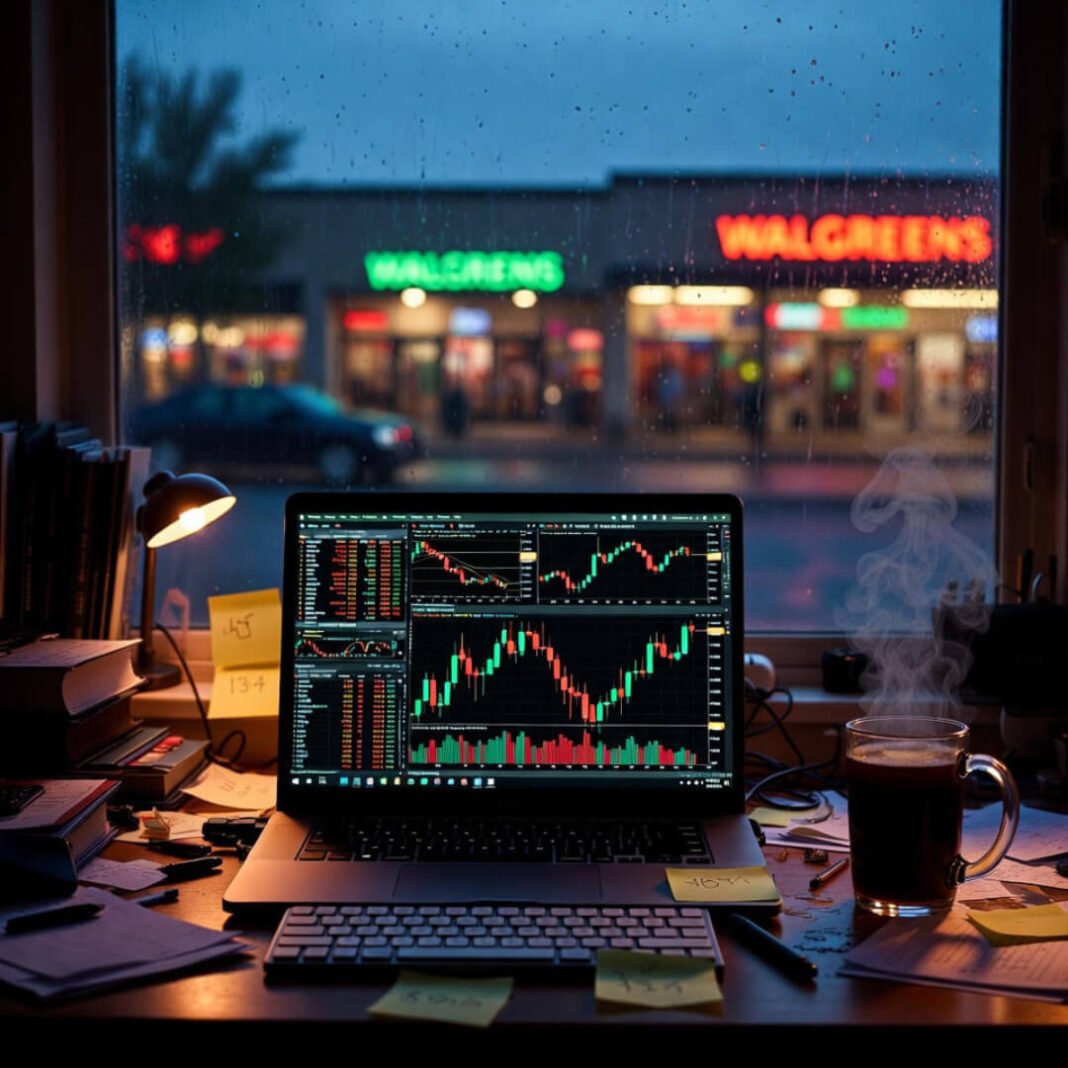Late-night REIT ETF charts in rainy Chicago dusk.