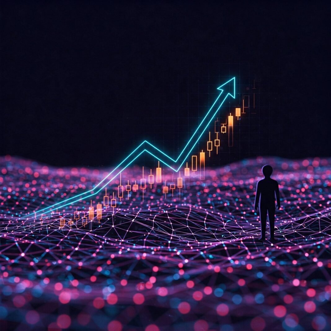 Futuristic digital landscape with blockchain nodes