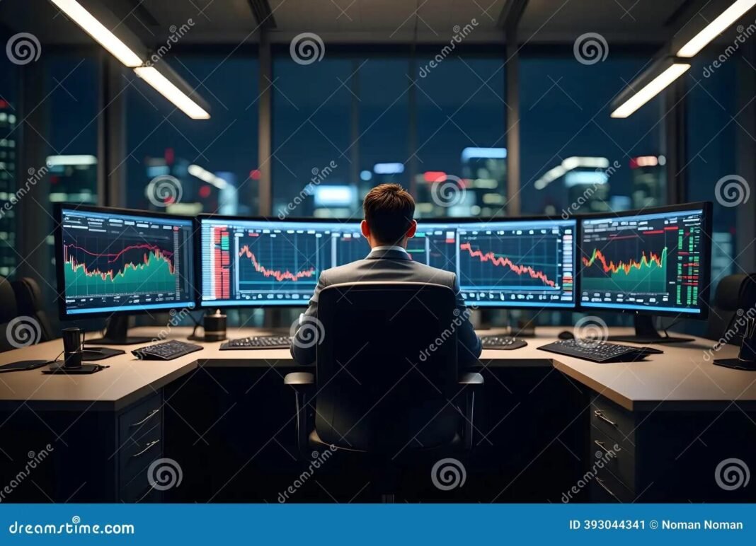 Frustrated trader overwhelmed by stock charts and floating question marks