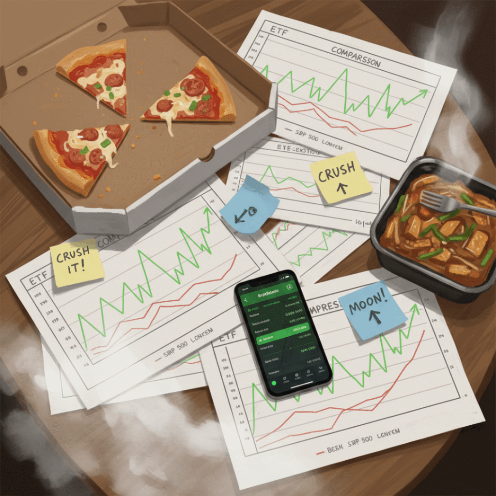 Chaotic kitchen table with ETF charts and pizza box.