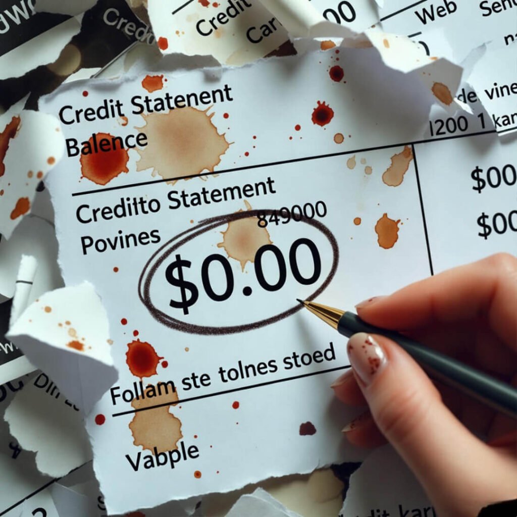 Coffee-stained shredded statement circled at $0.00.