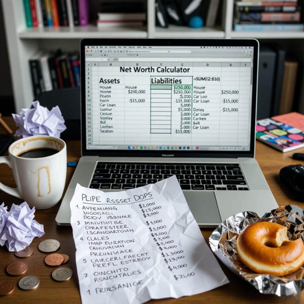 Cluttered desk with net worth spreadsheet and donut.