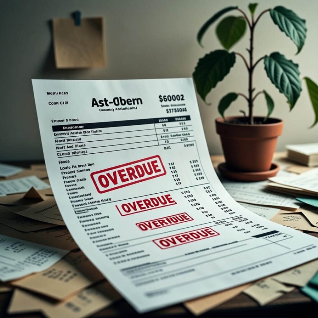 Overdue credit card statement stamped in red.