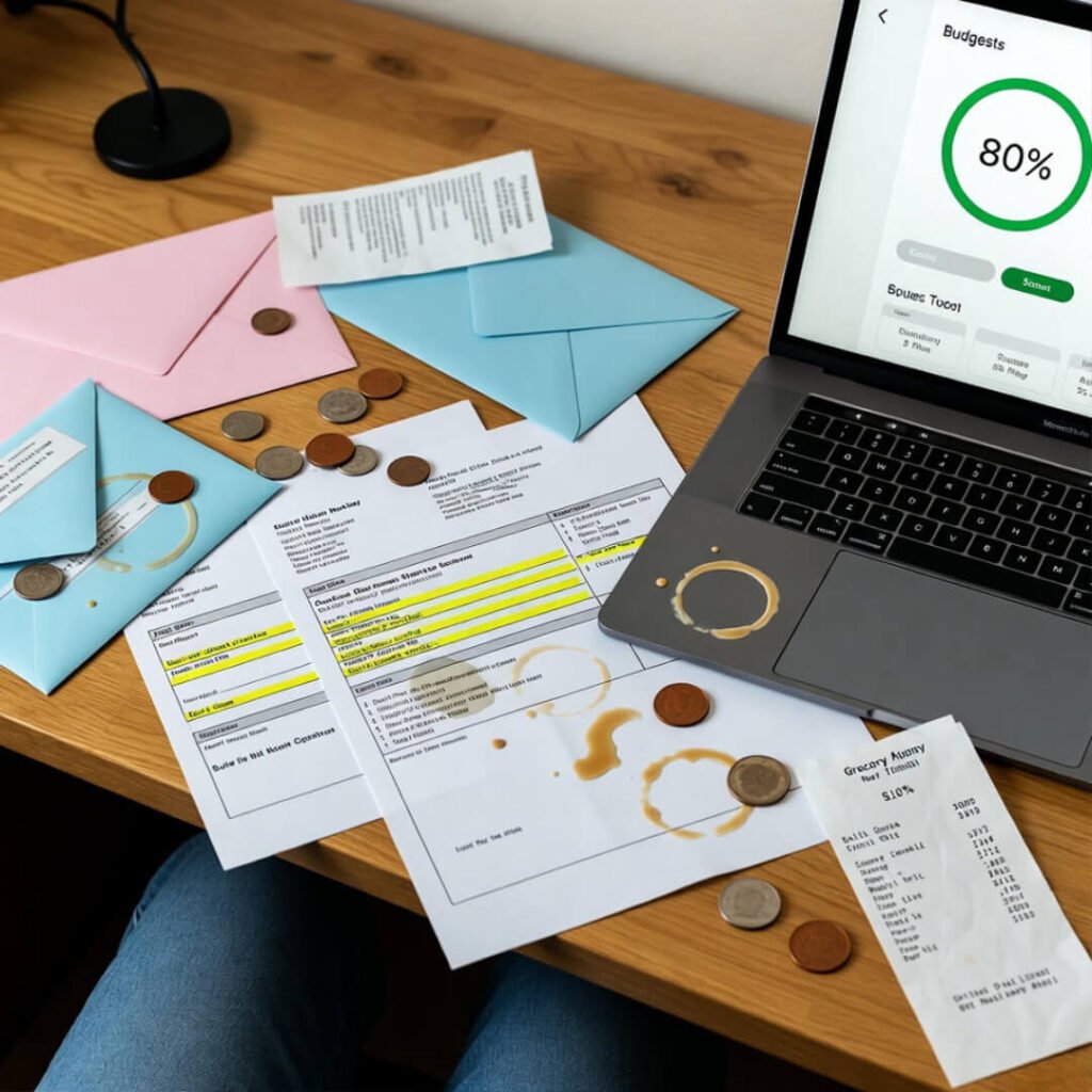 Messy desk with overdue bills, coins, coffee stains, 80% budget progress.