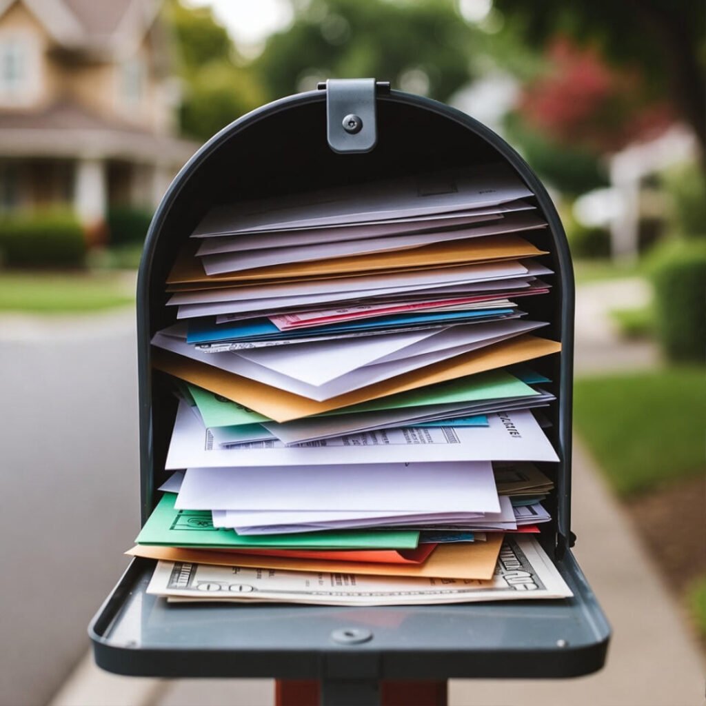Overflowing mailbox stuffed with envelopes in suburban setting.