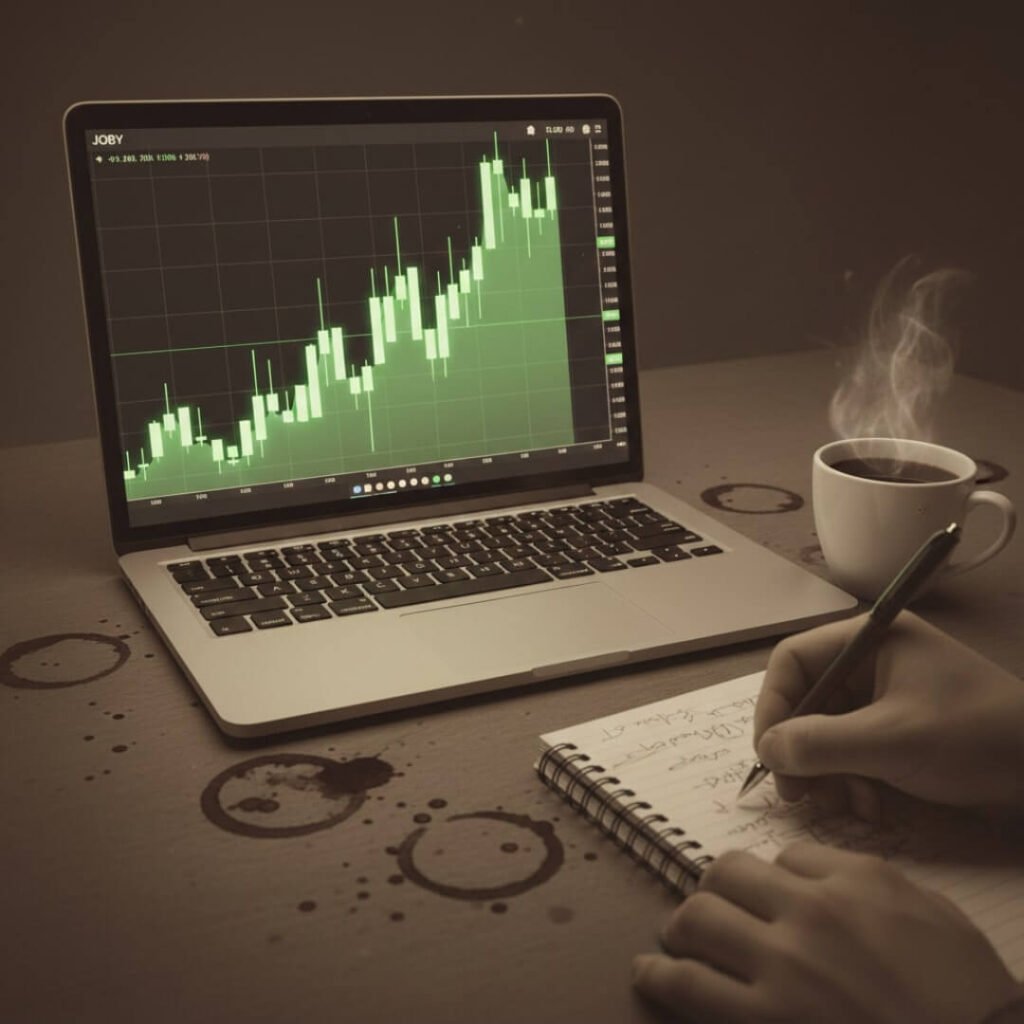 Close-up of laptop screen showing a green stock chart.