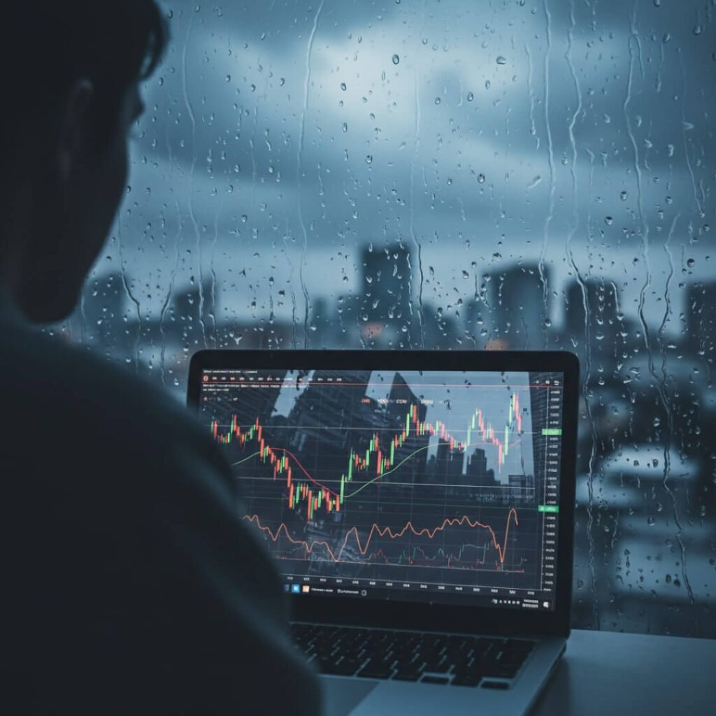 Stock chart reflection on rain-streaked window, stormy.