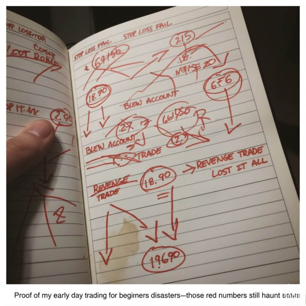 Shaky close-up of a trading journal with red losses.