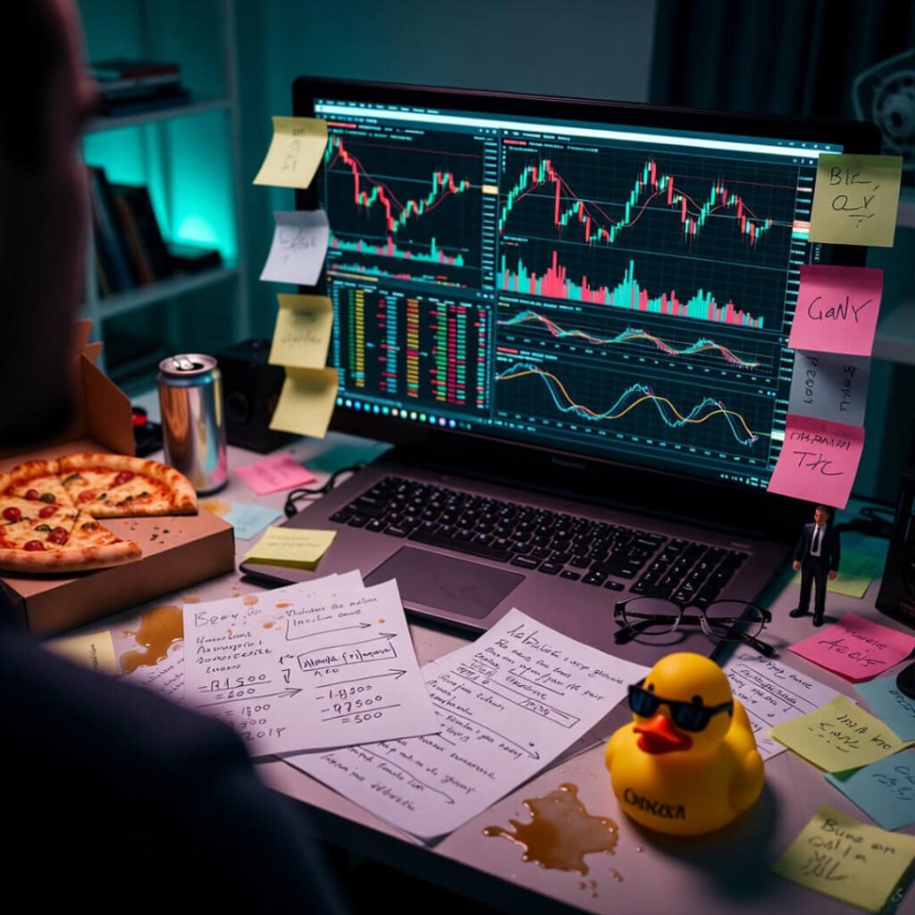 Over-shoulder view of messy late-night trading setup.