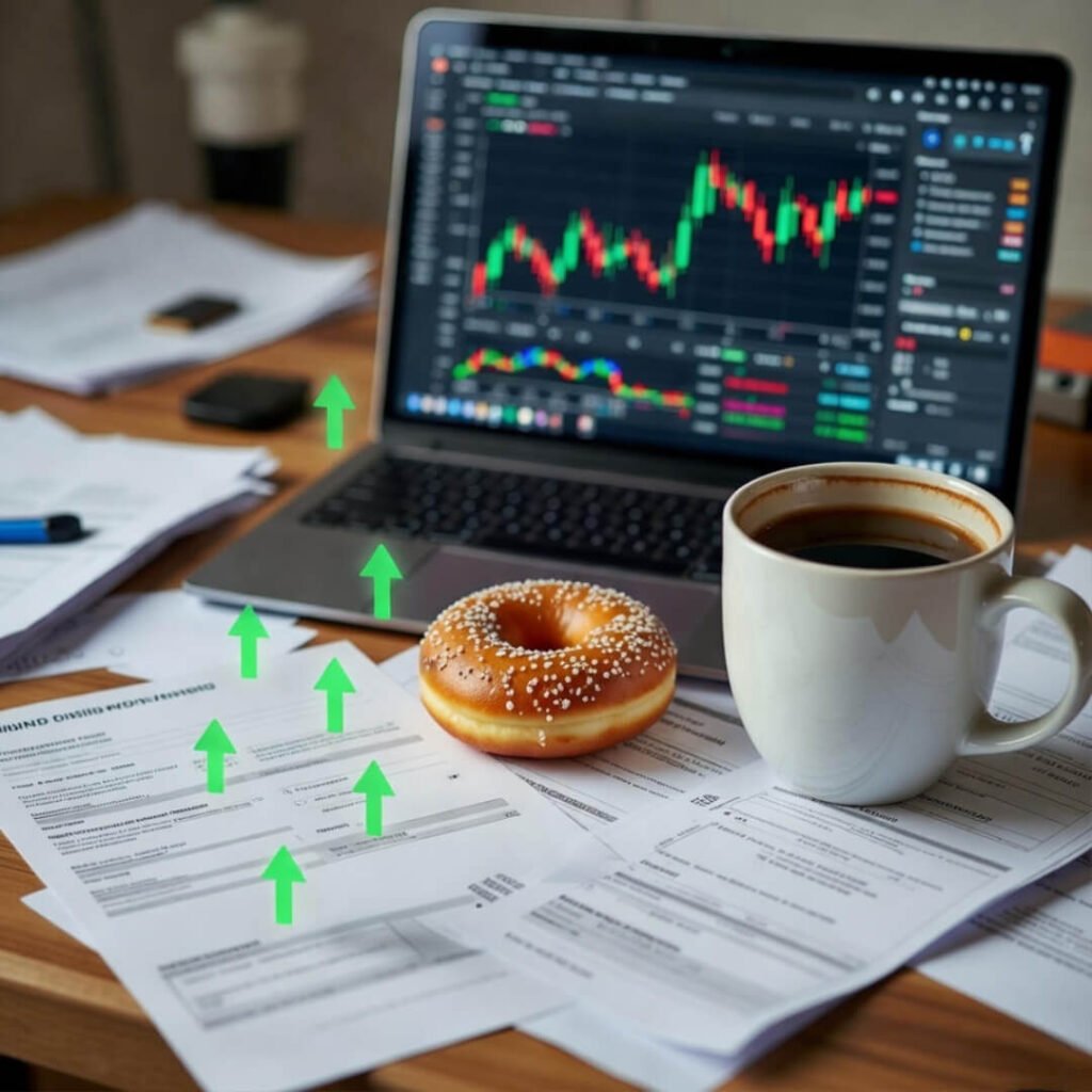 Cluttered desk with donut, coffee, dividend papers, and ETF charts.
