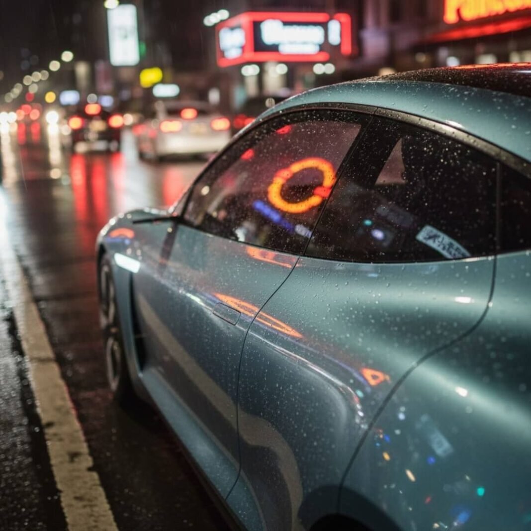 Blurry EV concept car on a rainy city street.