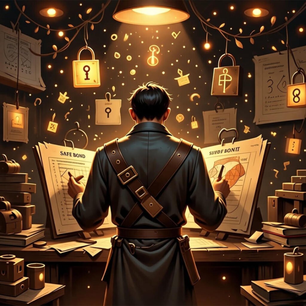 Figure viewing mystical financial security vault from behind.