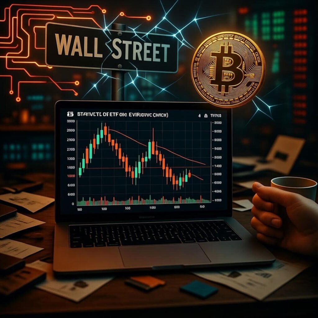 Giant Bitcoin coin cracking Wall Street sign, tense investor.