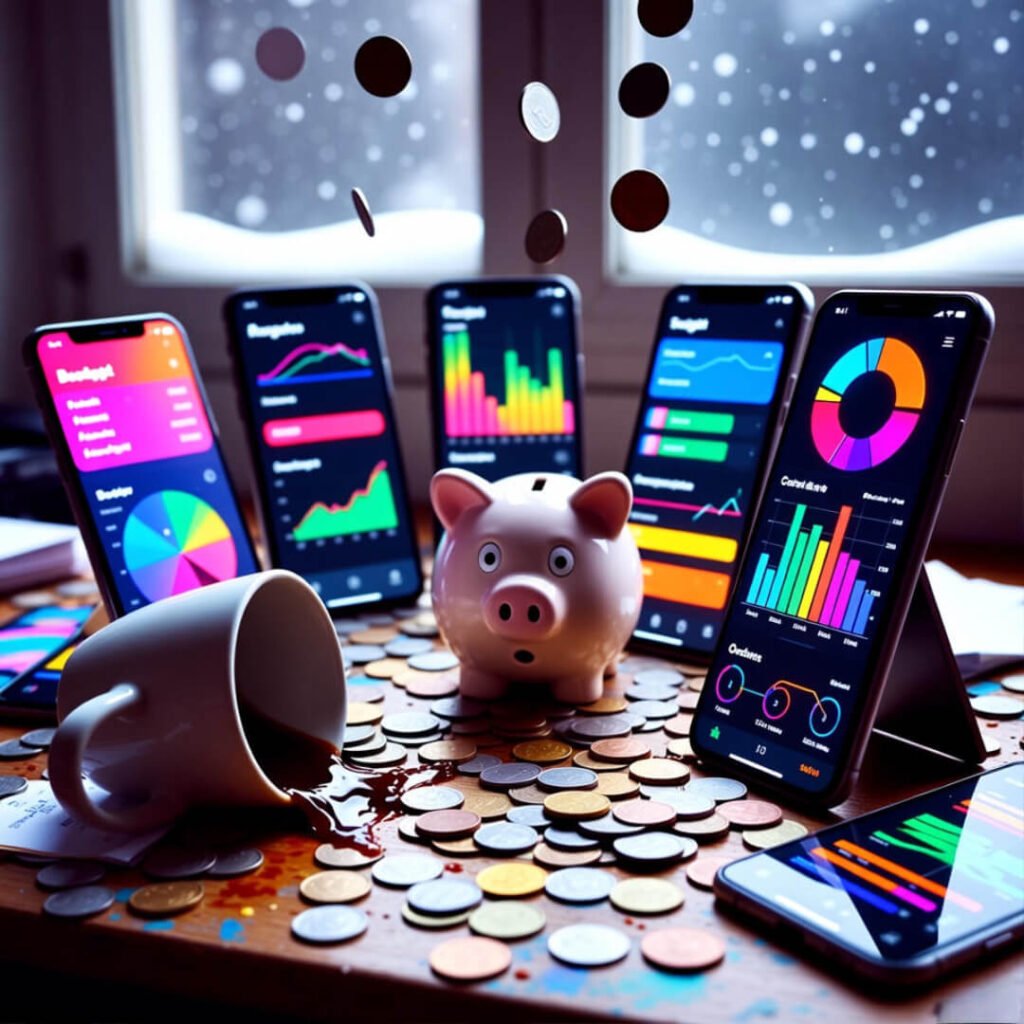 Chaotic desk with budgeting apps and judging piggy bank.