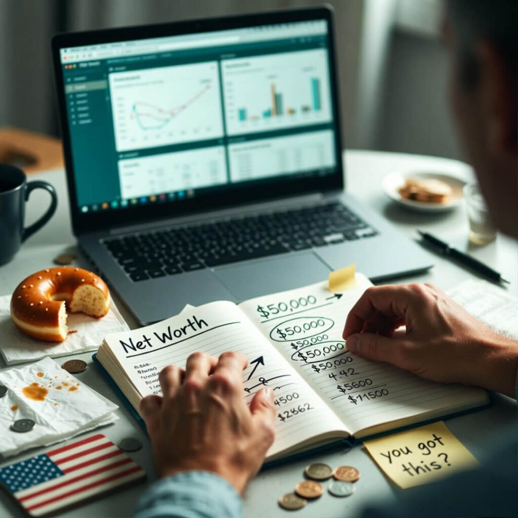 Hands circling positive net worth in notebook.