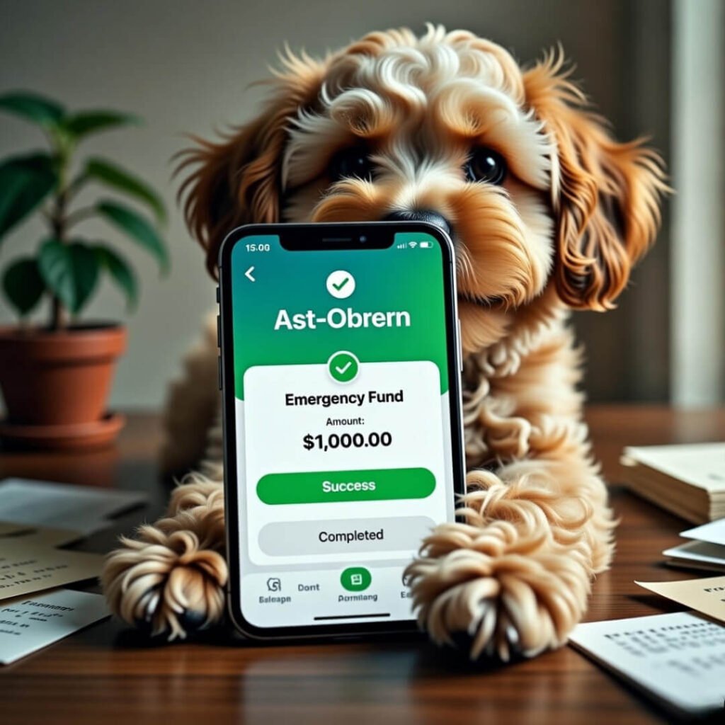 $1,000 emergency fund success on phone with dog paw.