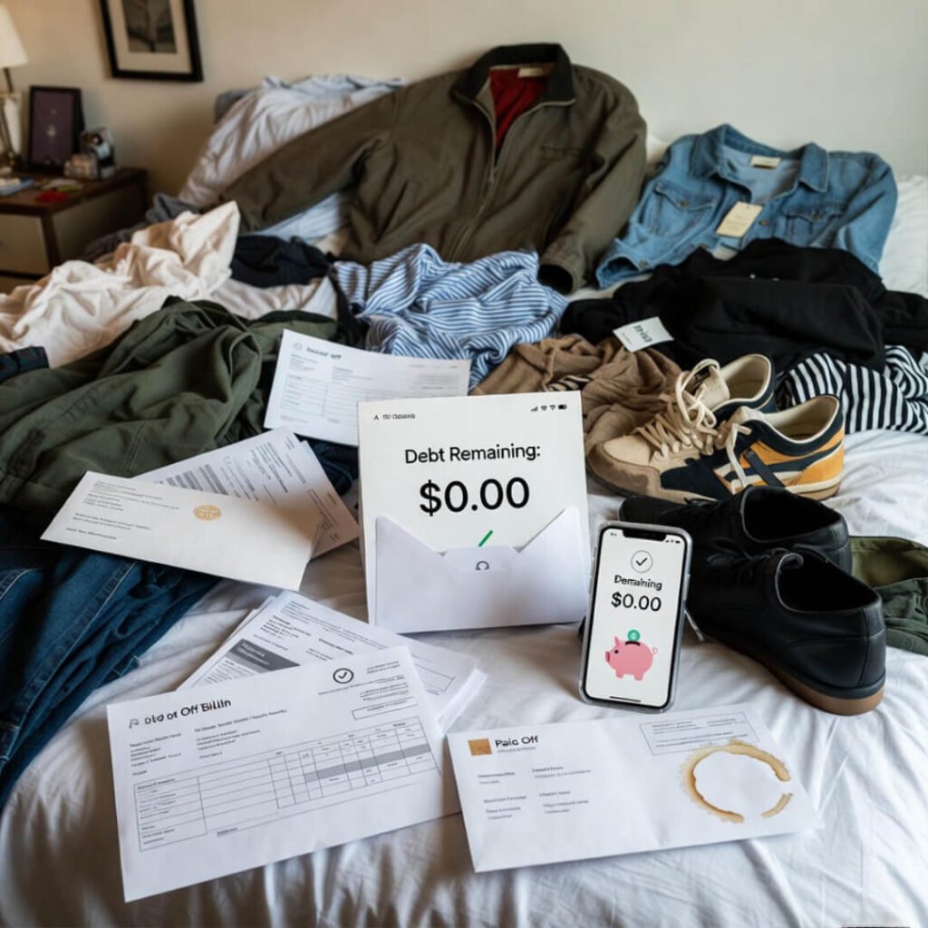 Bed with thrift clothes, paid bills, phone showing $0 debt.