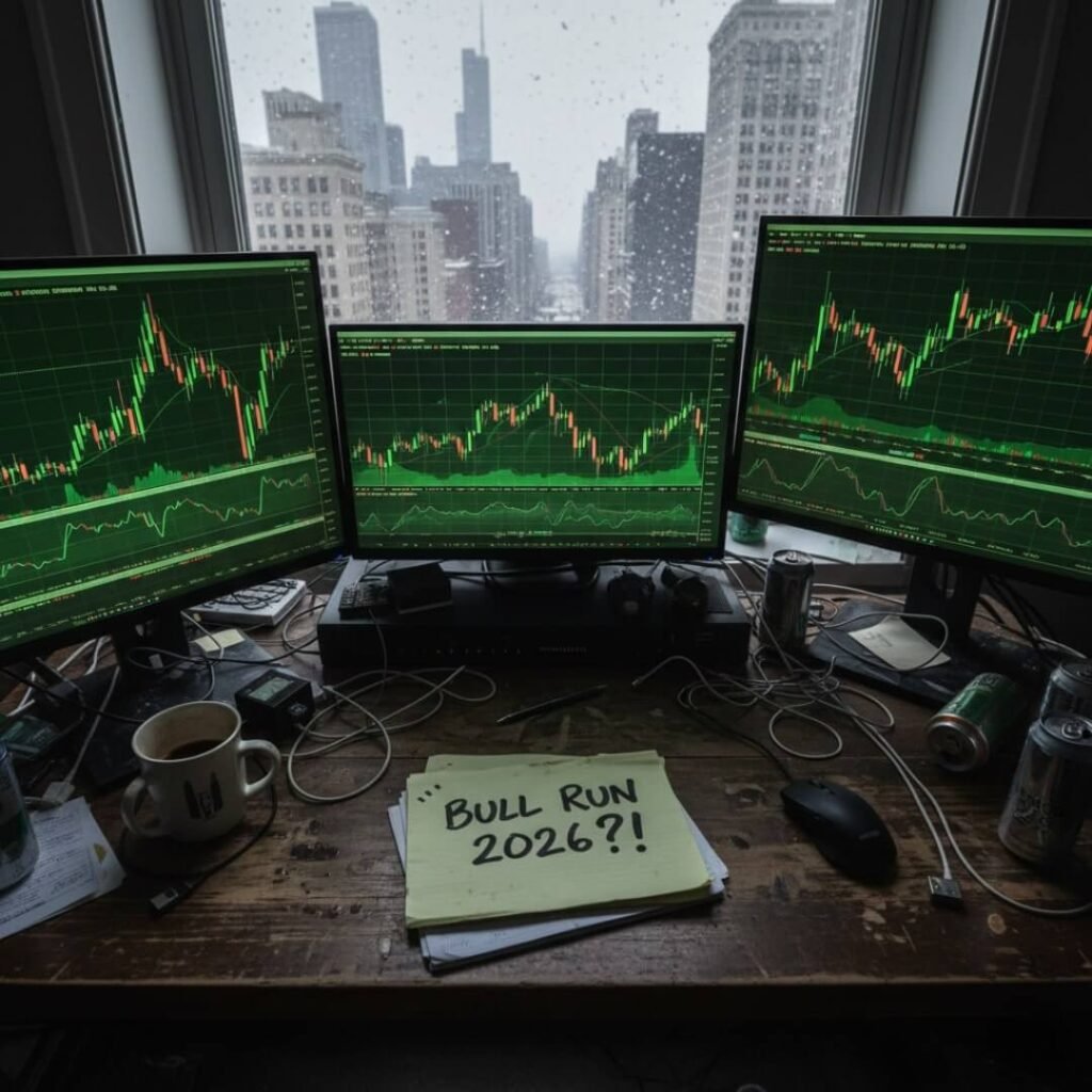 Chaotic desk, glowing charts, snowy Chicago view.